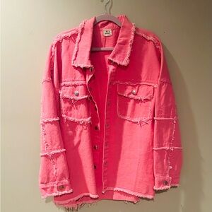 New Boutique Pink Denim“Rock & Roll” Women's Pink Distressed Denim Jacket